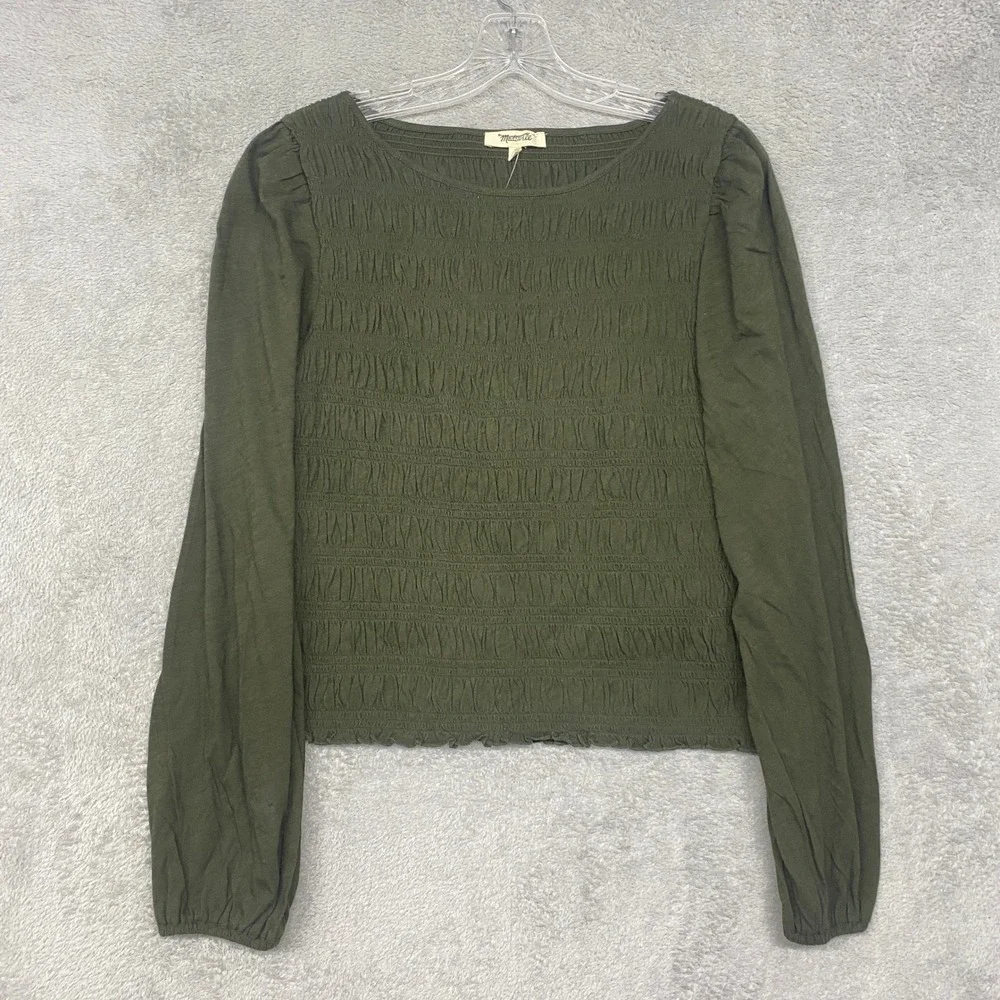 Madewell Shirt Large Smocked Boatneck Top Olive Green Puff Sleeve NY504